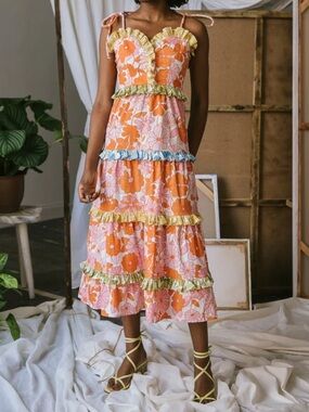 Celia B Dalia Floral Ruffle Tiered Hem Midi Dress Colorful Womens Size Small